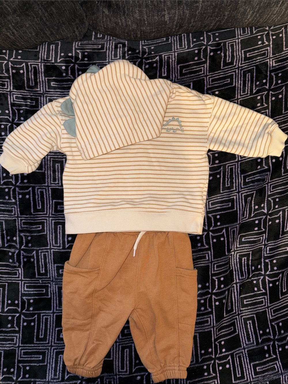 Carter's Cream Striped Hoodie and Brown Pants Matching Set Dinosaur 6 Months